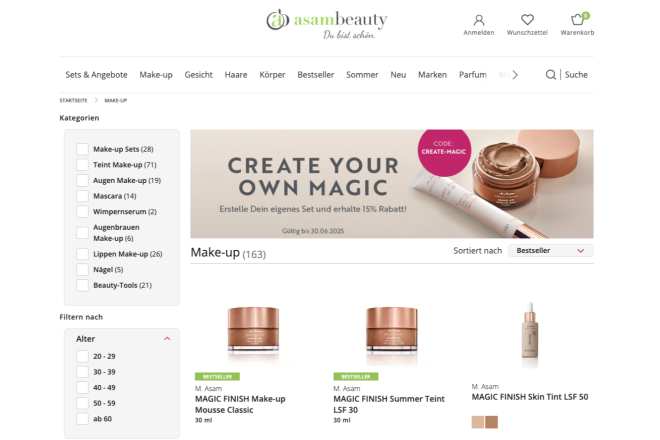 Asambeauty Make-up-Produktkategorieseite mit Filtern und Produktauflistungen.