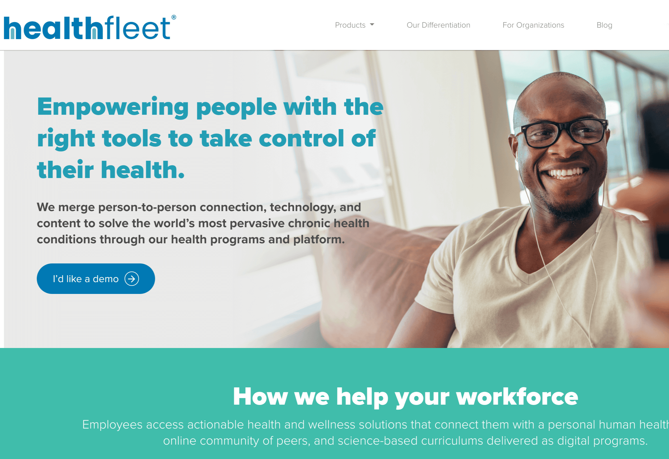 HealthFleet website homepage: Smiling man using a telehealth app for chronic health condition management.