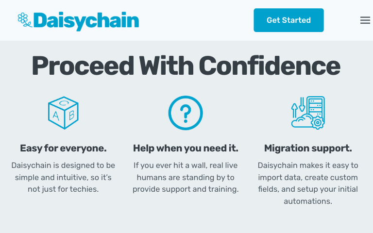 Daisychain Website-Homepage: Unterstützung bei der Datenmigration, intuitive Automatisierung und benutzerfreundliche Oberfläche.