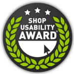 Shop Usability Award Badge mit Lorbeerkranz, Sternen und Cursor-Symbol für Webdesign.