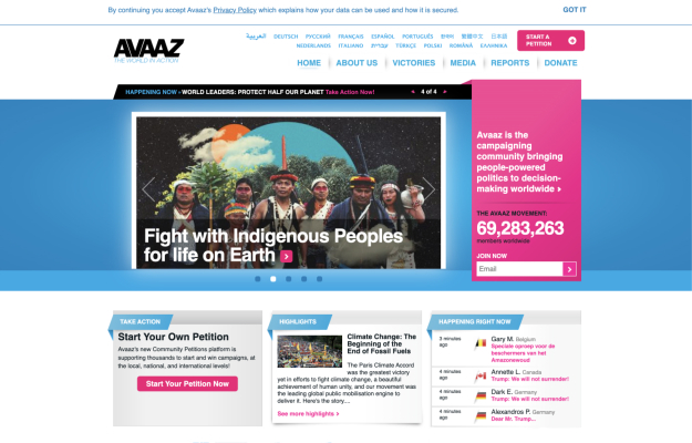 Avaaz-Homepage: Indigene Völker vereint zum Schutz des Planeten, globale Aktivismus und Online-Petitionen.