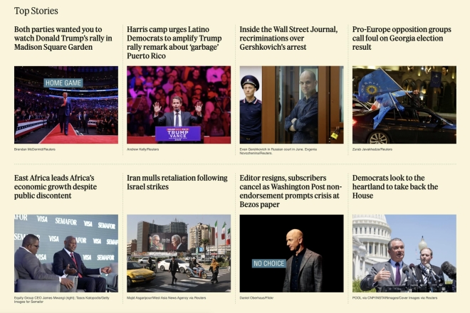 Nachrichtenseite-Homepage mit Top-Meldungen, Schlagzeilen und zugehörigen Bildern.