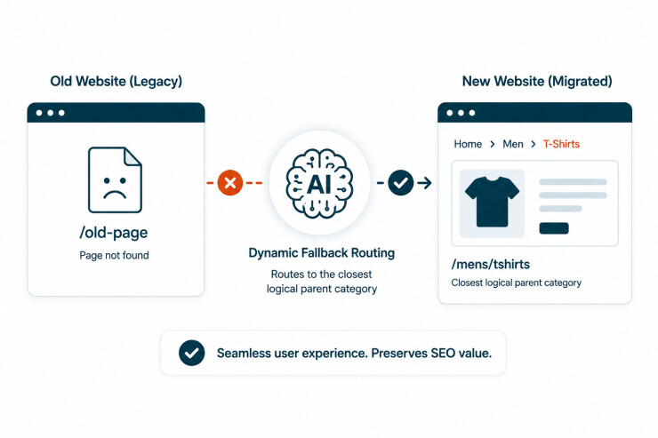 KI-Diagramm für dynamisches Fallback-Routing: Ein 404-Fehler einer alten Website wird auf eine neue Seite umgeleitet, unter Beibehaltung des SEO-Werts.
