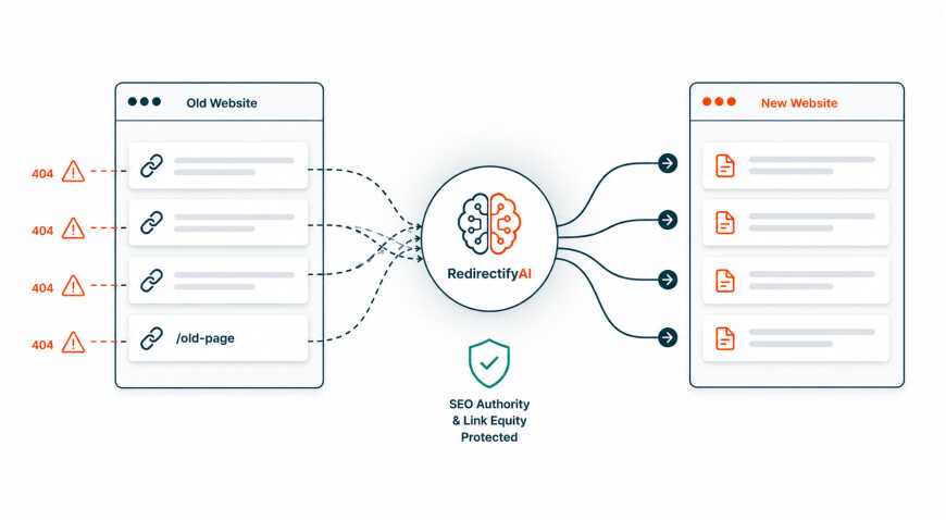 KI-gestütztes URL-Migrationsdiagramm, das herkömmliche Tools mit optimierten neuen URLs für eine verbesserte SEO gegenüberstellt.