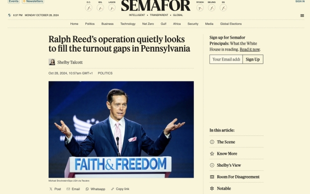 Ralph Reed speaking at a Faith & Freedom event in Pennsylvania, outlining a political turnout strategy.