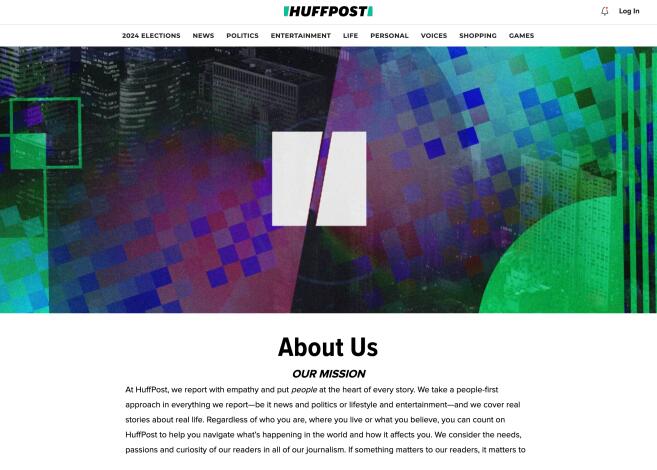 HuffPost-Webseite Startseite mit Logo, Navigationsmenü und "Über uns"-Bereich.