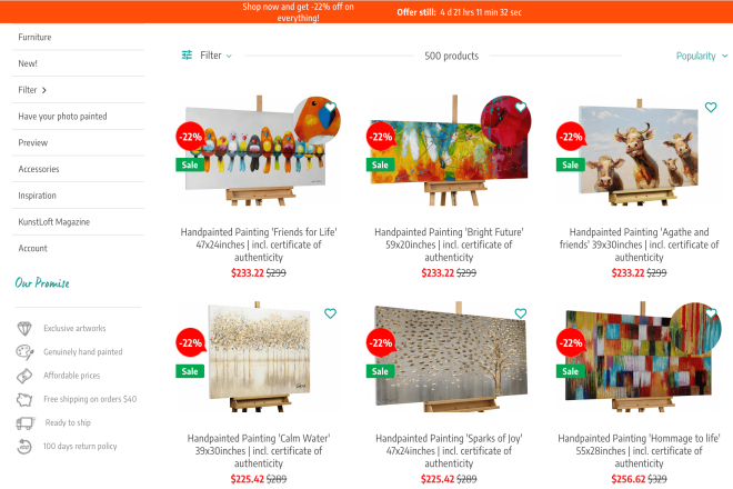 Online art gallery showcasing hand-painted canvas art: Friends, abstract, animals, and nature paintings on easels.