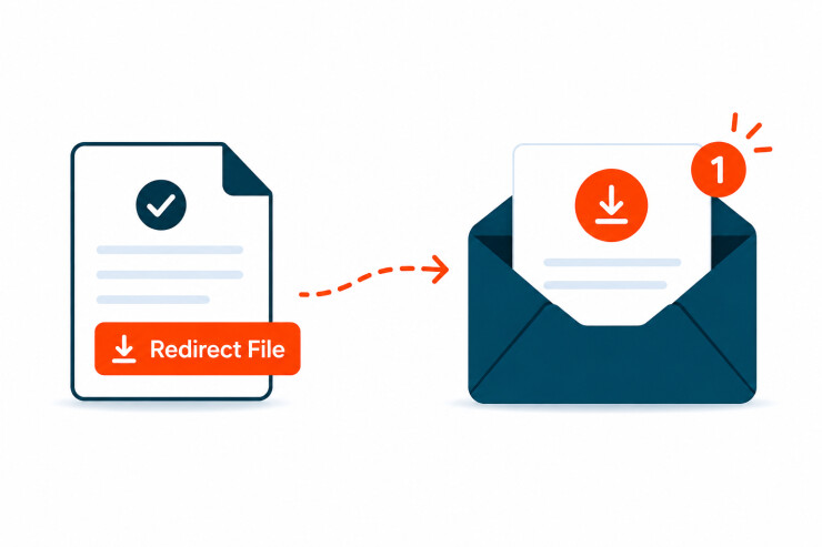 Erfolgreiche Dateiumleitung von einem Dokument zu einer E-Mail-Benachrichtigung mit einem Download-Symbol.