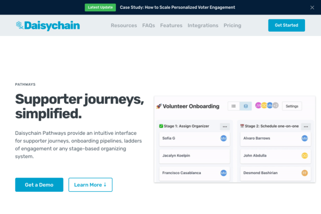 Softwareoberfläche von Daisychain Pathways, die einen vereinfachten Unterstützer-Pfad und einen optimierten Freiwilligen-Onboarding-Prozess darstellt.