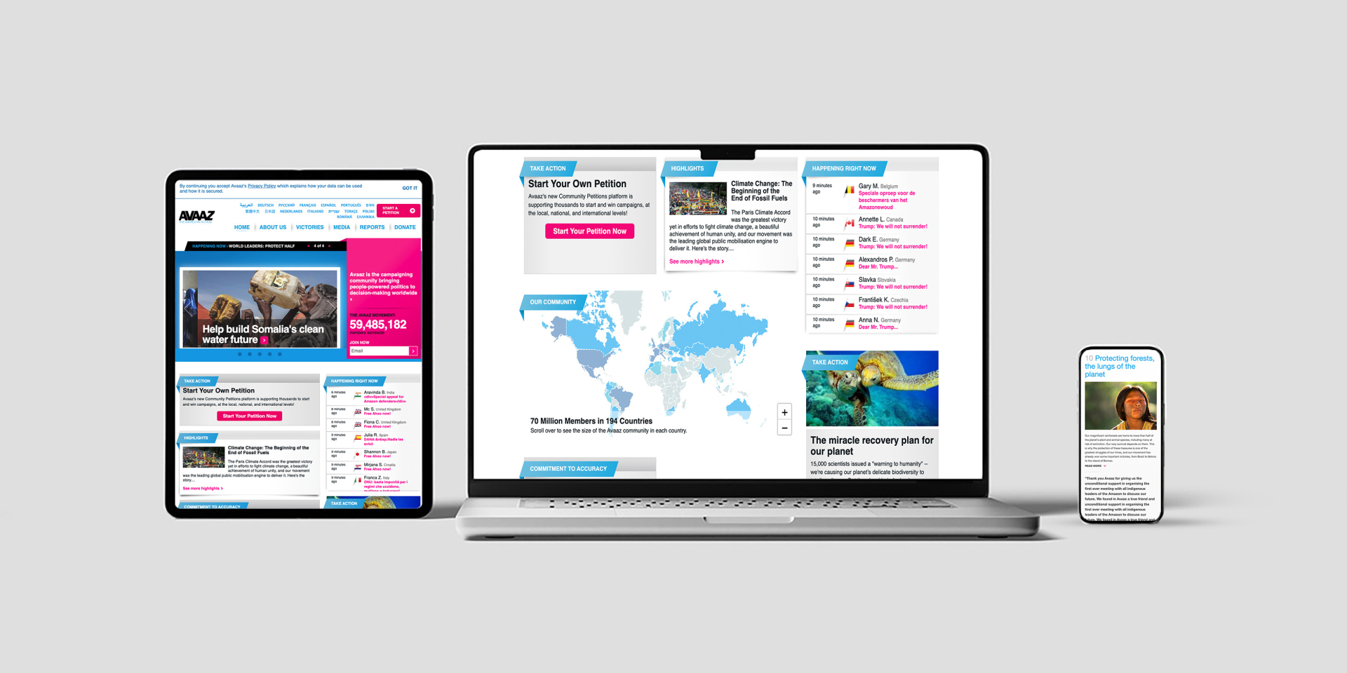 Responsive website design displayed on a laptop, tablet, and smartphone screen.