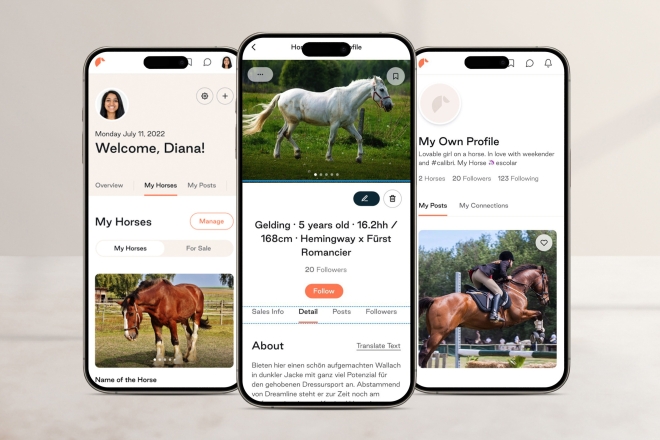 Benutzeroberfläche einer Reit-App auf drei Smartphones, die Profile und Pferdeinformationen darstellt.