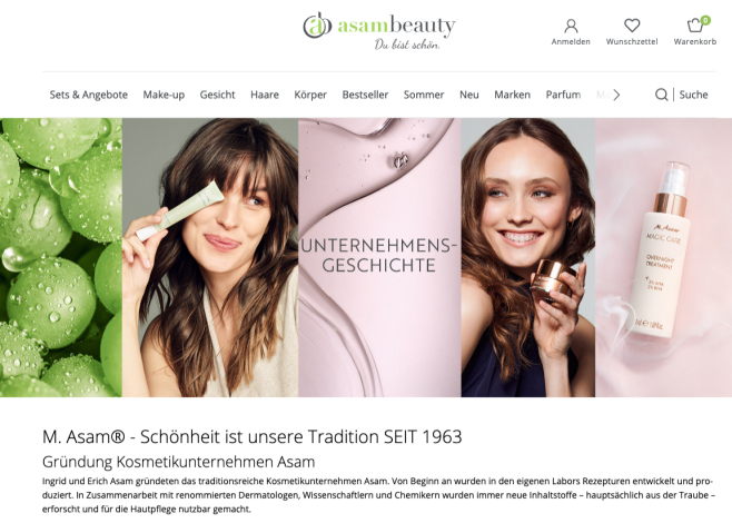 Asambeauty Hautpflege-Website: Model mit Schönheitsprodukten, Firmengeschichte und Produktaktionen.