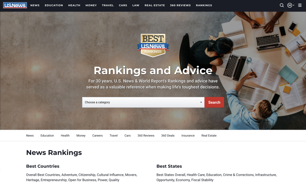 U.S. News & World Report Website-Homepage: Rankings und Ratgeber zu Bildung, Gesundheit, Reisen und Immobilien.
