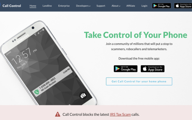 Call Control app interface on smartphone blocking nuisance calls. Download for automated call and telemarketing protection.