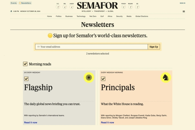 Semafor newsletter signup page: Flagship and Principals news briefings with email subscription form.