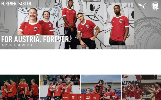 The Austrian national football team sporting the new red Puma home kit, football apparel advertisement.