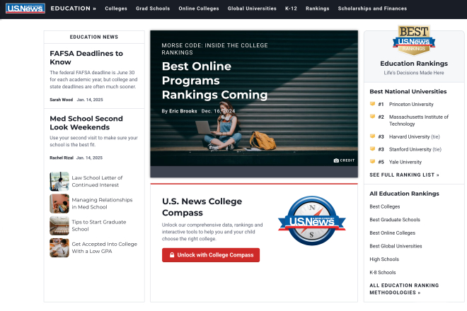 U.S. News & World Report, eine Bildungswebsite mit Hochschulrankings und Online-Studiengängen.