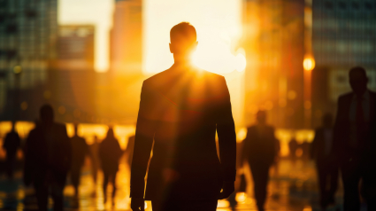 Die Silhouette eines Geschäftsmannes blickt während des goldenen Sonnenuntergangs aus dem Bürofenster auf die Skyline der Stadt.