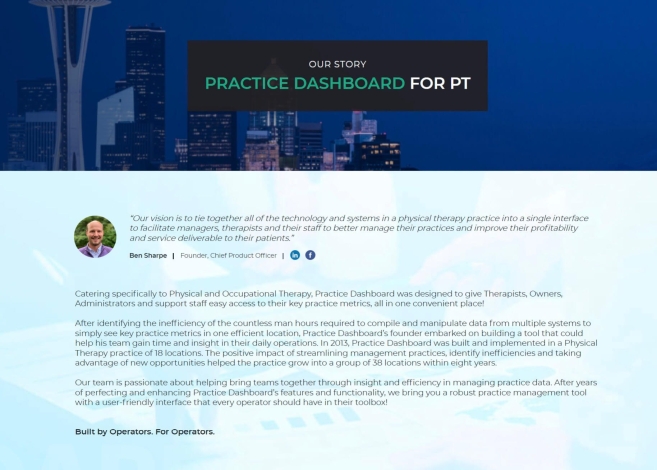 Übungs-Dashboard für PT-Software-Oberfläche mit Seattle Skyline im Hintergrund. Software zur Verwaltung von Physiotherapiepraxen.