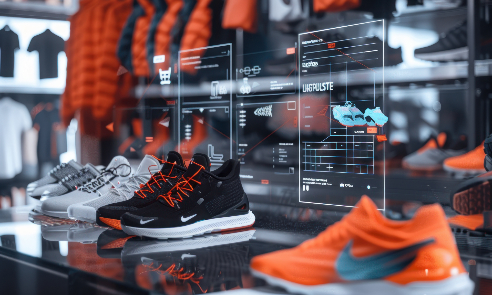 Nike sneakers are displayed with a digital interface in a retail outlet; running shoe technology concept.