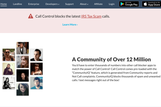 Webseite der Anrufsteuerungs-App: IRS-Steuerbetrugsanrufe blockieren mit Community-Meldungen.