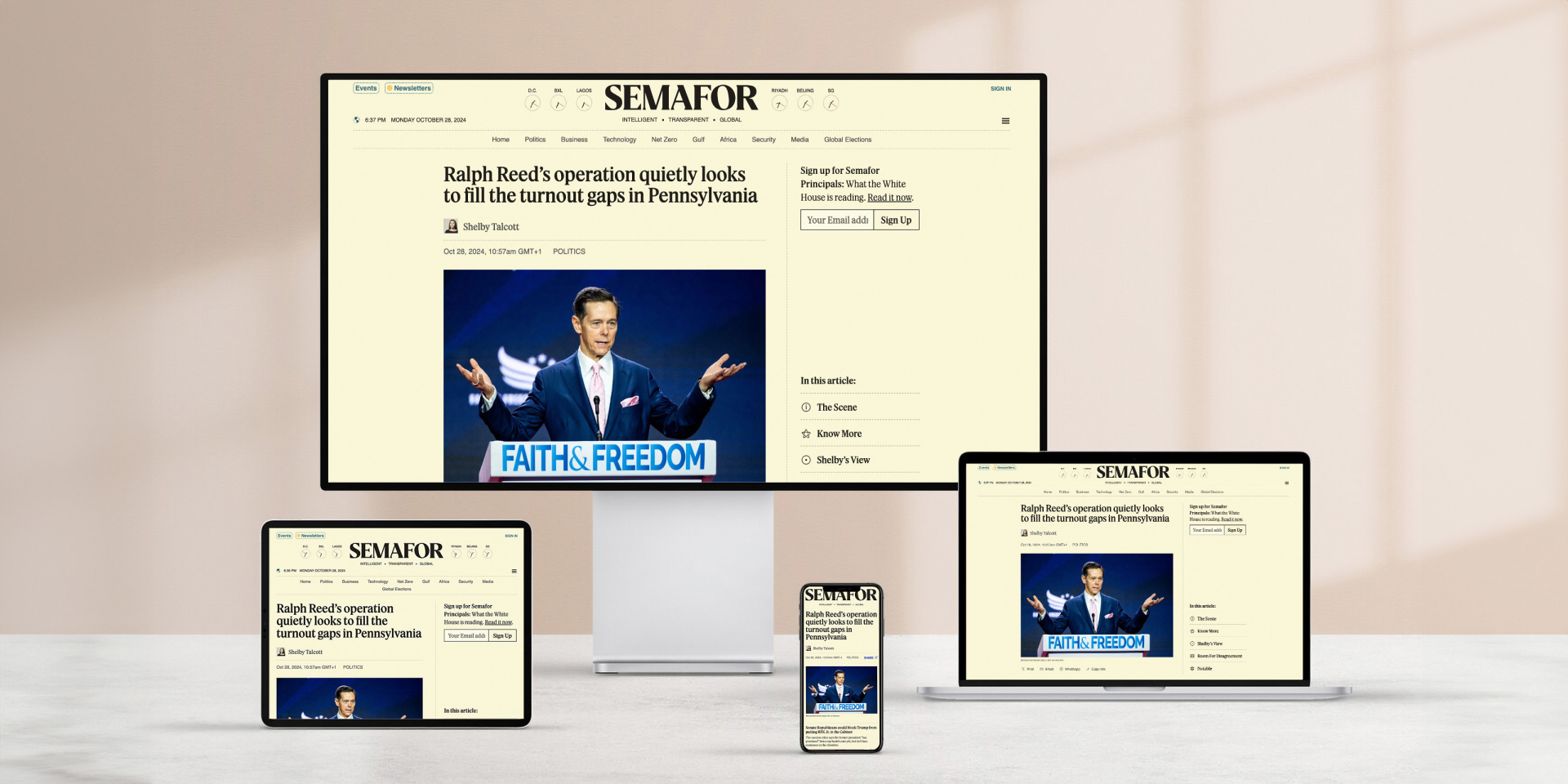 Responsive website design: Semafor news site displayed on desktop, laptop, tablet, and mobile phone.