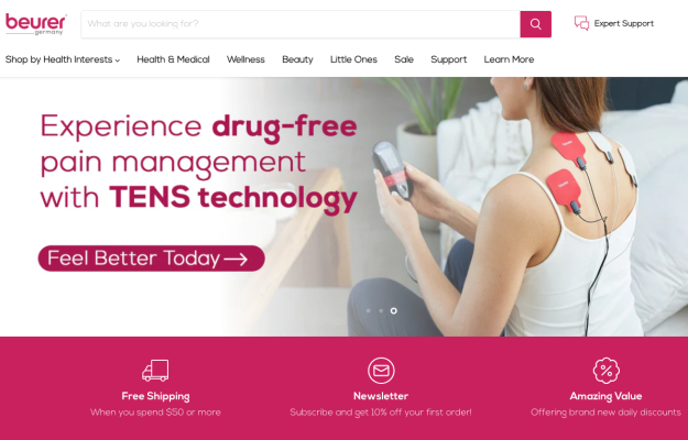 Beurer website homepage: Woman using a TENS machine for drug-free pain relief and well-being.