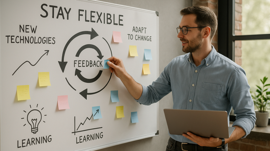Ein Business Coach präsentiert ein Whiteboard mit einem agilen Workflow, inklusive Feedbackschleife und neuen Technologien.