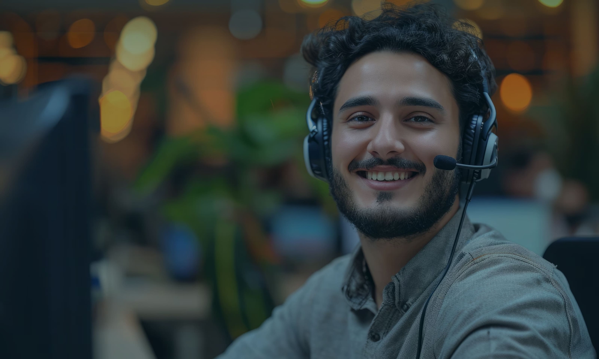 Freundlicher Kundendienstmitarbeiter mit Headset im Büroumfeld, der technischen Support leistet.