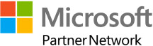 Microsoft-Logo: Vier farbige Quadrate mit dem Microsoft-Schriftzug in Grau.