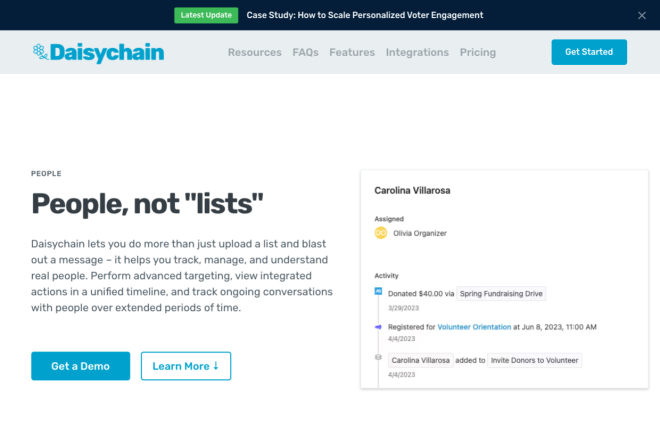 Daisychain, eine Plattform zur Steigerung der Wählerbeteiligung, mit einer Benutzeroberfläche, die auf personenorientierte CRM-Funktionen für das Kampagnenmanagement fokussiert.