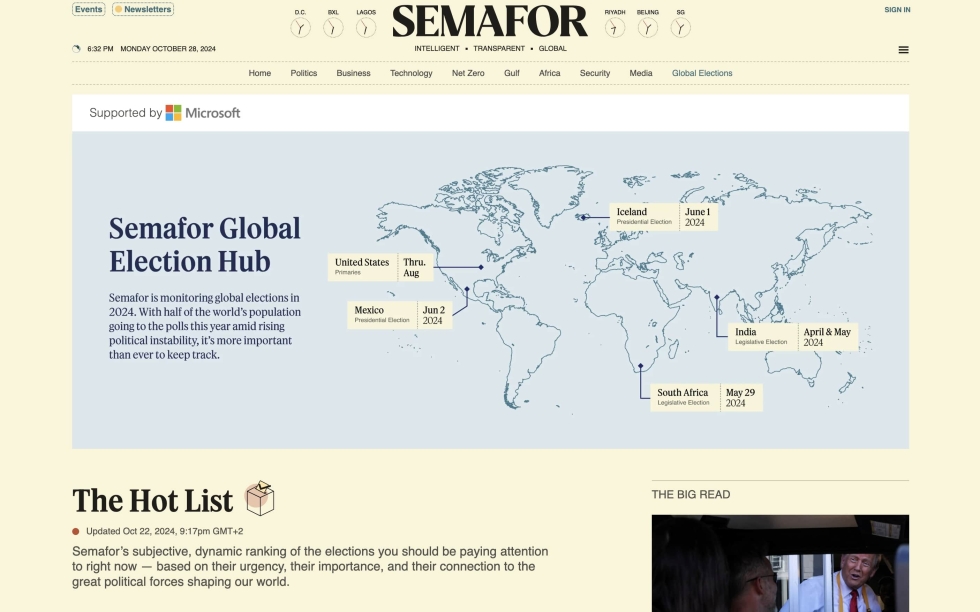 Semafor Global Election Hub: Weltkarte mit Hervorhebung wichtiger politischer Wahlen und politischer Nachrichten.