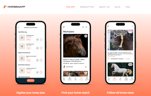 HorseApp mobile app interface displayed on three smartphones, showcasing horse listings and marketplace.