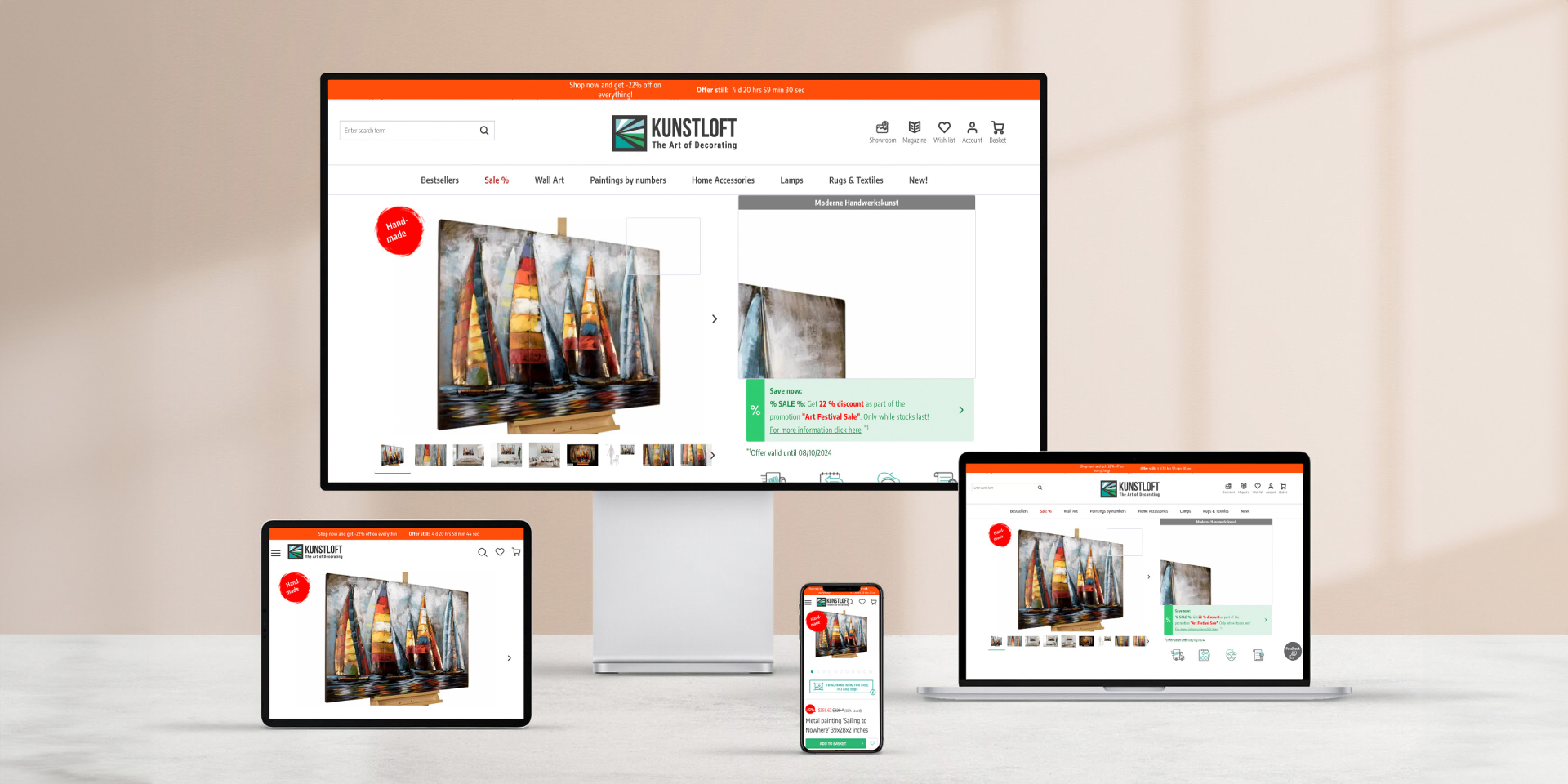 Die Kunst-Website von Kings Gift, dargestellt auf einem Desktop-Computer, Laptop, Tablet und Smartphone.