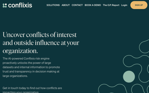 Conflixis Website-Homepage: KI-gestützte Risikoanalyse für Interessenskonflikt- & Transparenzlösungen.