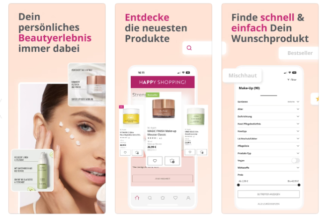 Screenshots der Beauty-App: personalisierte Beauty-Erfahrung, Produktentdeckung und einfache Wunschliste.