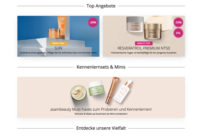 Asambeauty Hautpflegeprodukte: Sonnenschutz, Resveratrol Anti-Aging Creme und Mini-Hautpflegesets.