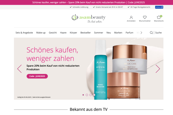 Asambeauty Hautpflege-Website-Homepage mit Produktaktionen und Navigationsmenü.