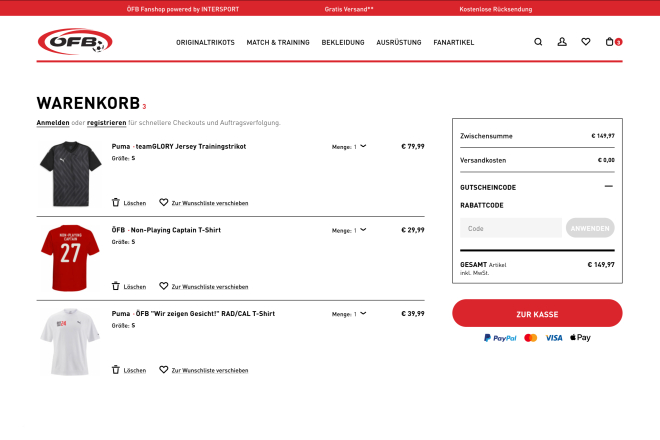 Online shop shopping basket: Puma jerseys and t-shirts for sale with order summary.