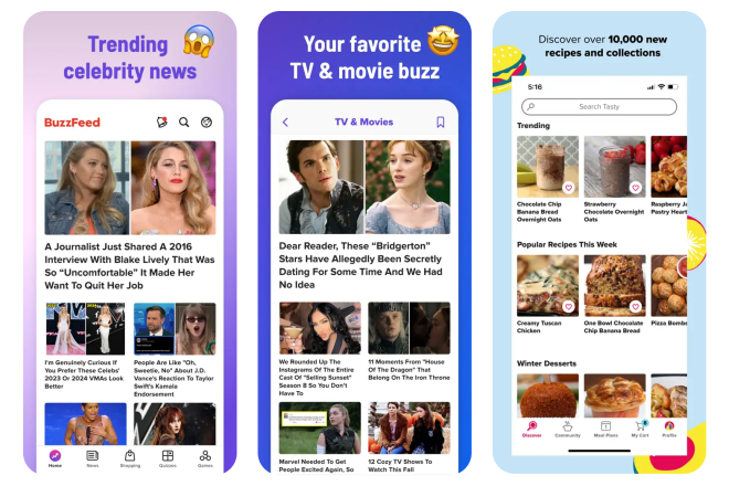 BuzzFeed App Screenshots: Prominente News, Aktuelles zu TV & Filmen und über 10.000 Rezepte.