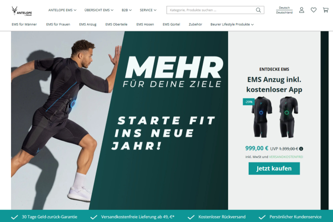 Website, das einen EMS-Trainingsanzug bewirbt: Mann im Anzug, Text: "Mehr für Ihre Ziele, starten Sie fit ins neue Jahr!"