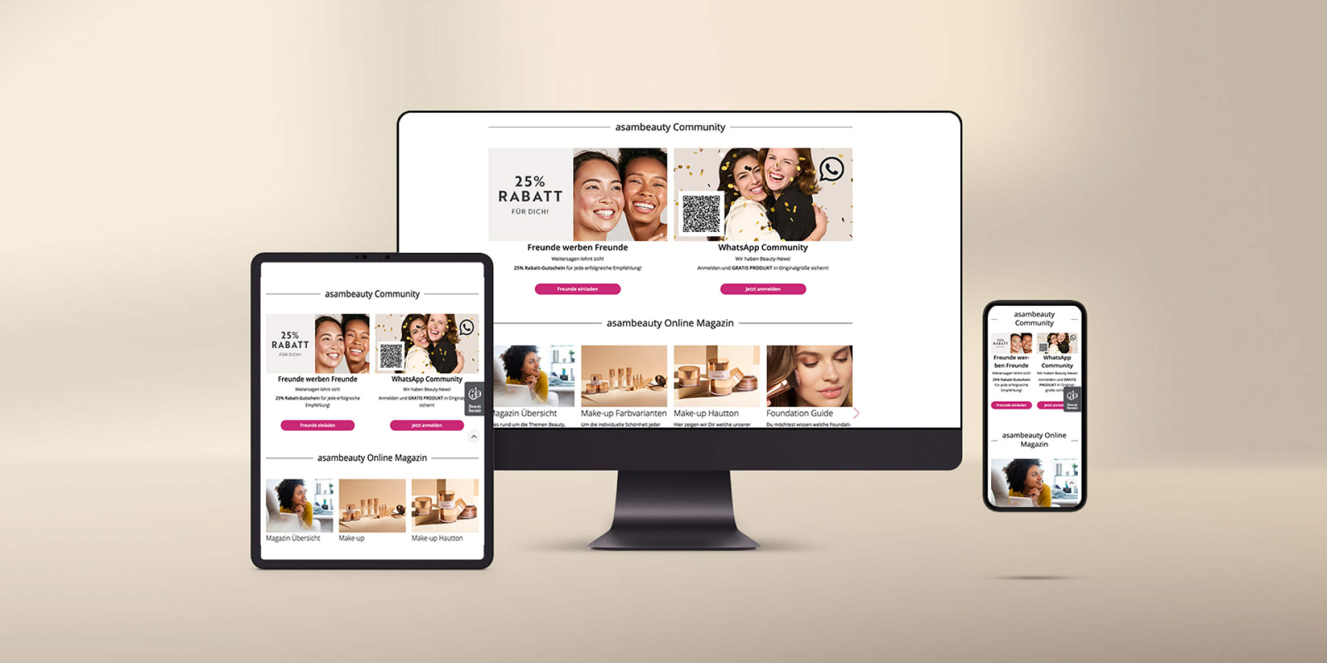 Responsives Webdesign auf Desktop-Computern, Tablets und Smartphones für Schönheitsprodukte.