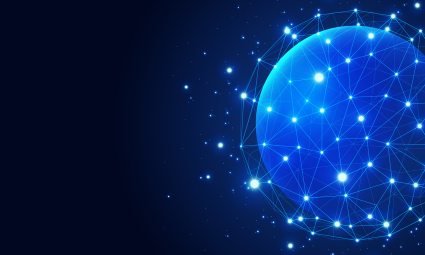 Blue globe graphic featuring illuminated network connections; digital technology and global communications.