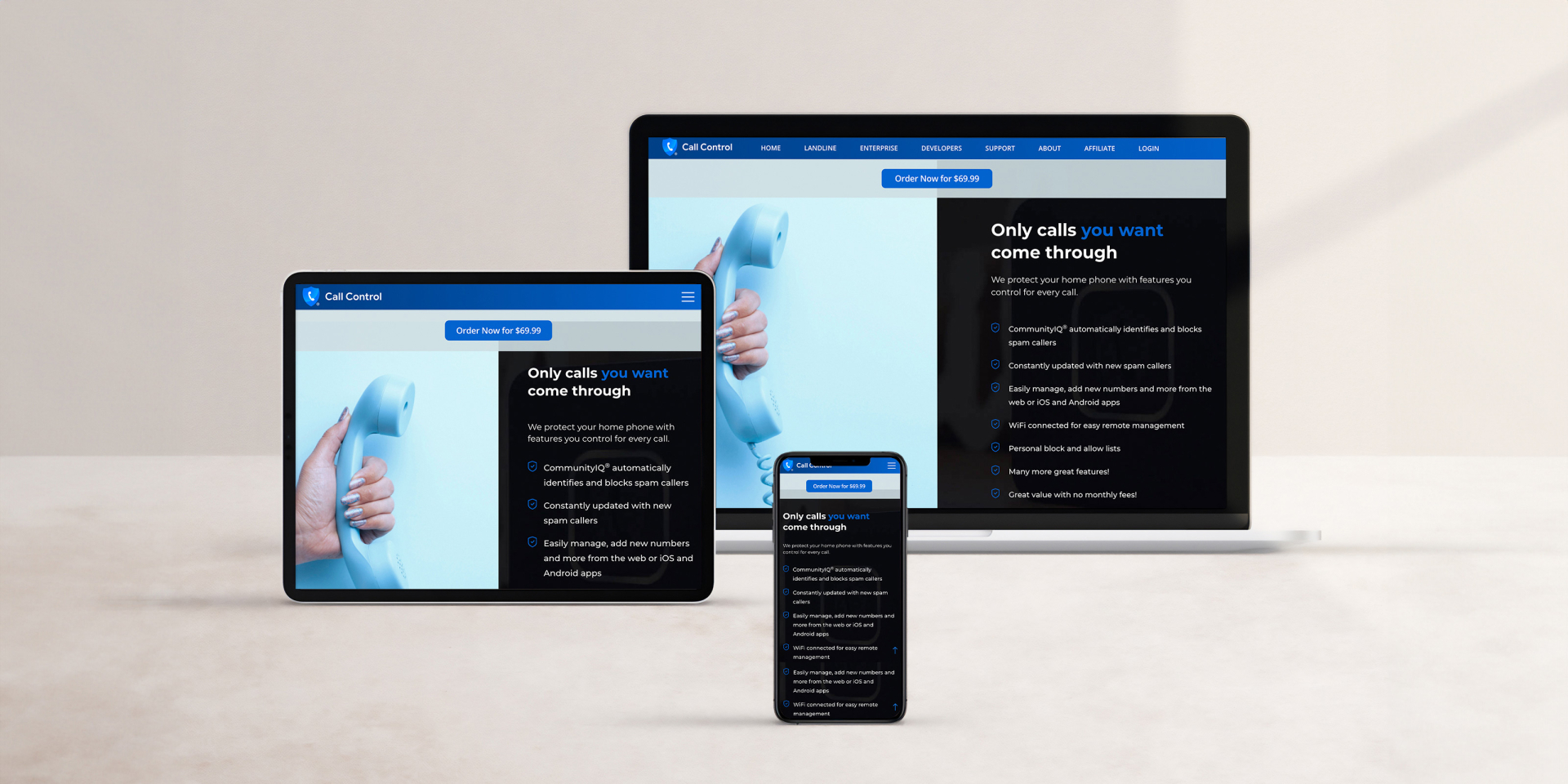 Responsive website design displayed on a laptop, tablet, and smartphone screen.