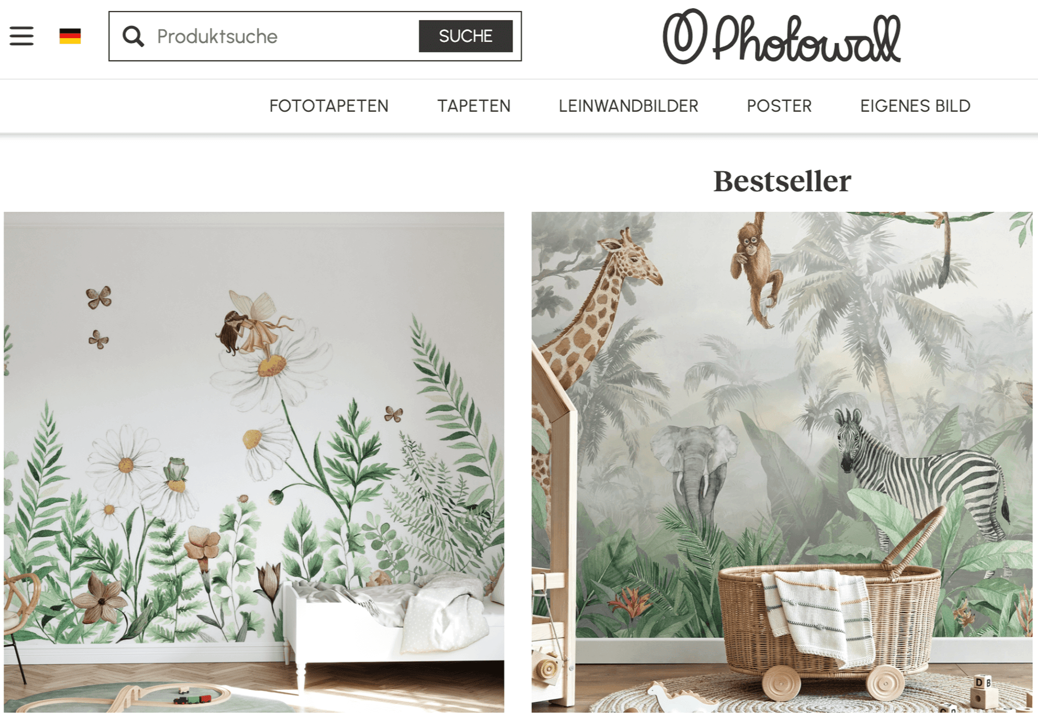 Photowall website displaying floral and jungle-themed wallpaper murals for interior design purposes.