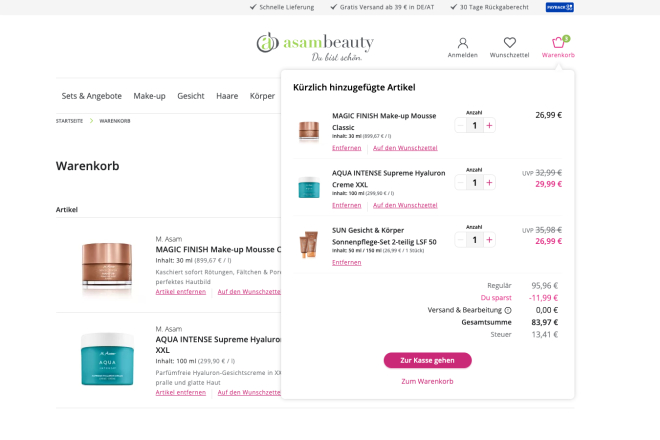 Asambeauty Warenkorb auf der Website mit Anzeige von Make-up- und Hautpflegeprodukten inklusive Preisen.