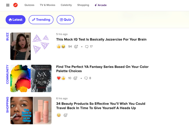 Online-Quiz-Website mit aktuellen Quizspielen, Shopping-Möglichkeiten für Beauty-Produkte und Community-Inhalten.