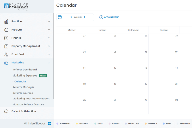 Übungs-Dashboard-Kalenderansicht für Terminplanung und Marketingmanagement.