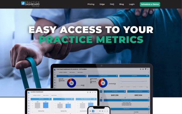Healthcare analytics dashboard across multiple devices: tablet, laptop and mobile phone. Practice metrics.