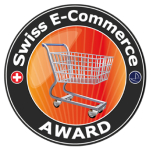 Swiss E-Commerce Award Logo: Einkaufswagen-Symbol auf orangefarbenem Hintergrund für die Anerkennung des Online-Handels.